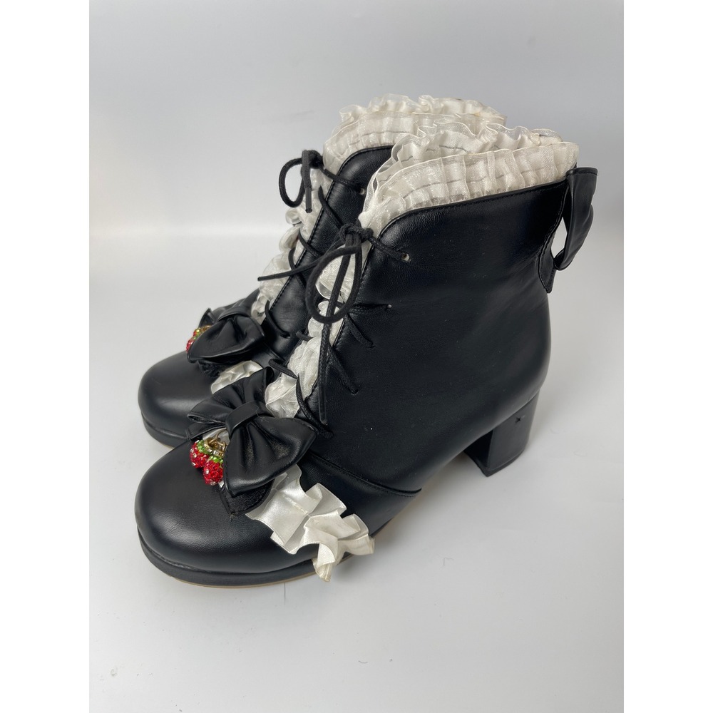 Black Lolita Ruffle Ankle Boots Strawberry Charm Bow Lace Up Block Heel 38 US 7